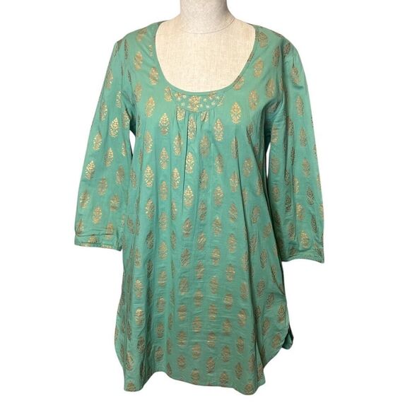 April Cornell Tunic Blouse Small Sea Moss Green Gold Metallic Resort - Picture 1 of 5